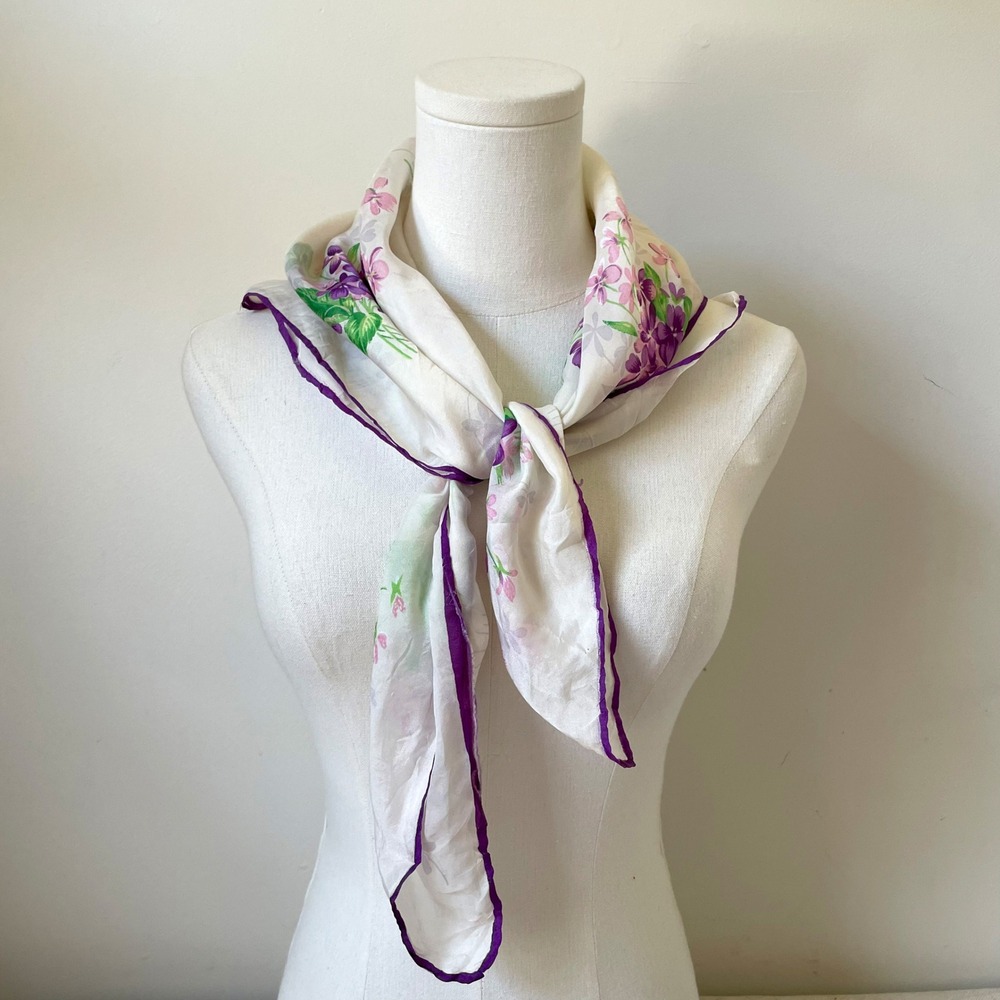 Vintage Floral Silk Square‎ Scarf Purple Violets Pink Flowers Retro Romantic